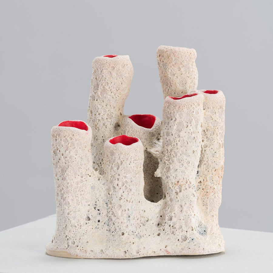 Emily Orta ceramic Artist Pillar Crater Coral Candle Holder
