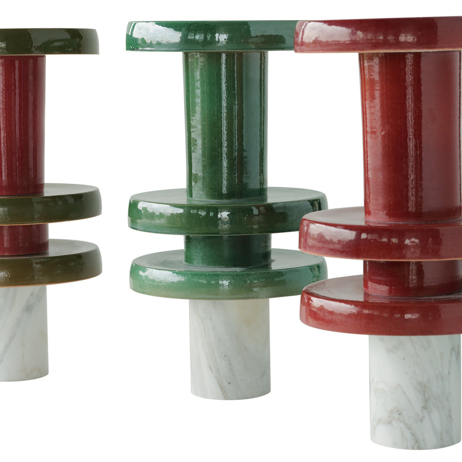 ceramic stool tarek shamma details 1 green, red and bordeaux