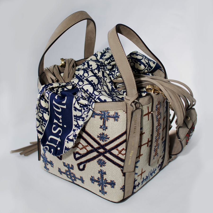Demetria beige bucket bag embroideries weaving from philippines  filip+inna  Idee dior silk scarf