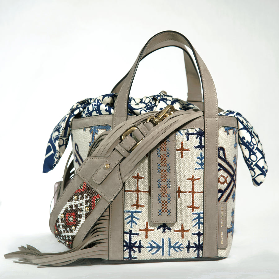 Demetria beige bucket bag embroideries weaving from philippines vintage dio silk scarf