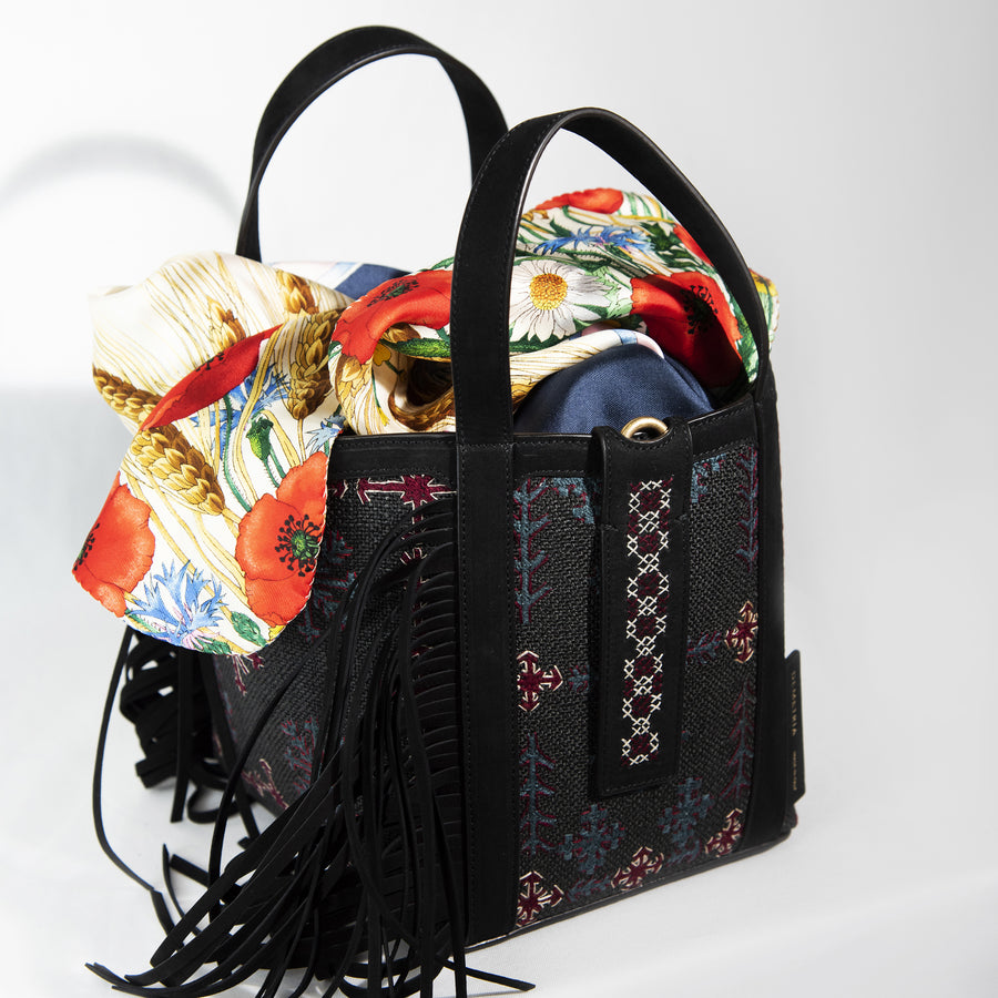 Demetria black bucket bag embroideries weaving from philippines  vintage silk scarf