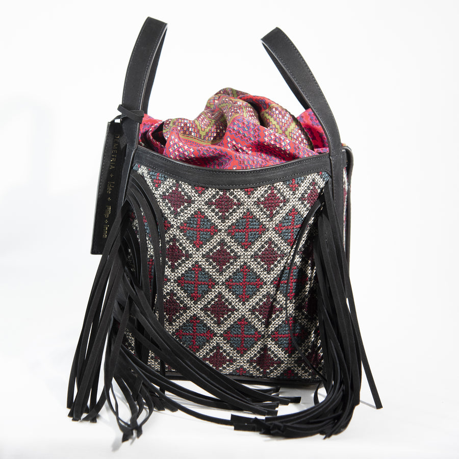 Demetria black bucket bag embroideries weaving from philippines  silk vintage scarf