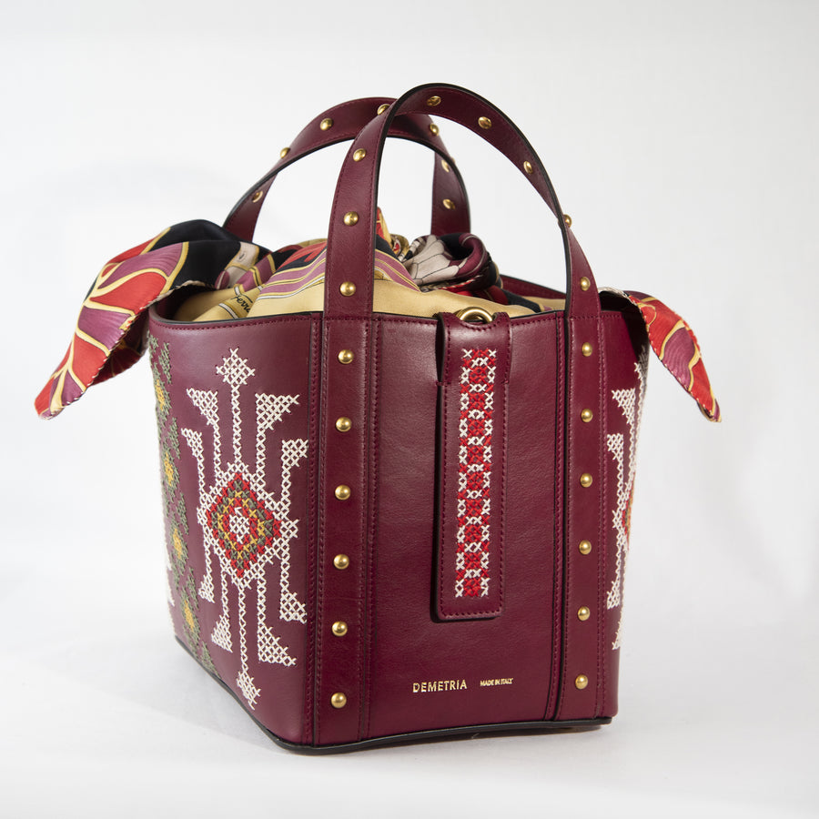 Demetria bordeaux bucket bag embroideries weaving from philippines  vintage silk scarf italian leather