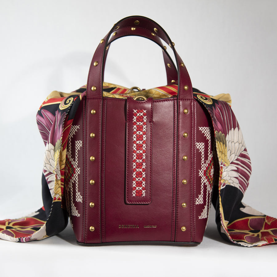 Demetria bordeaux bucket bag embroideries weaving from philippines made in italy