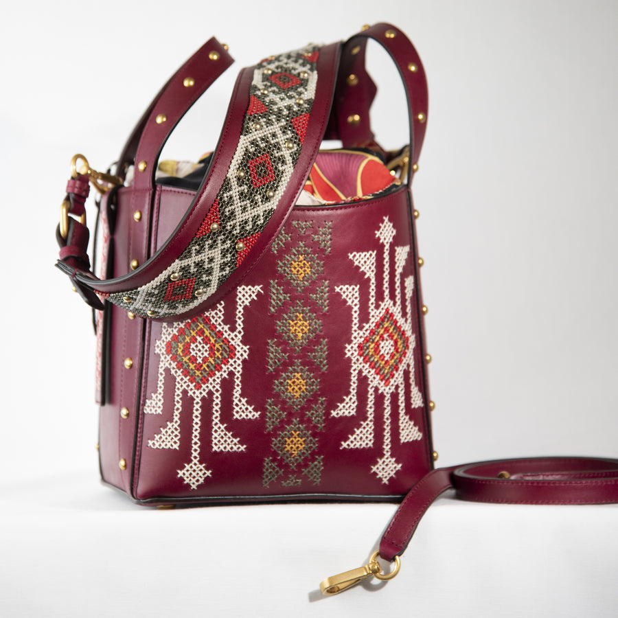 Demetria bordeaux bucket bag embroideries weaving from philippines  beadwork strap italian leather