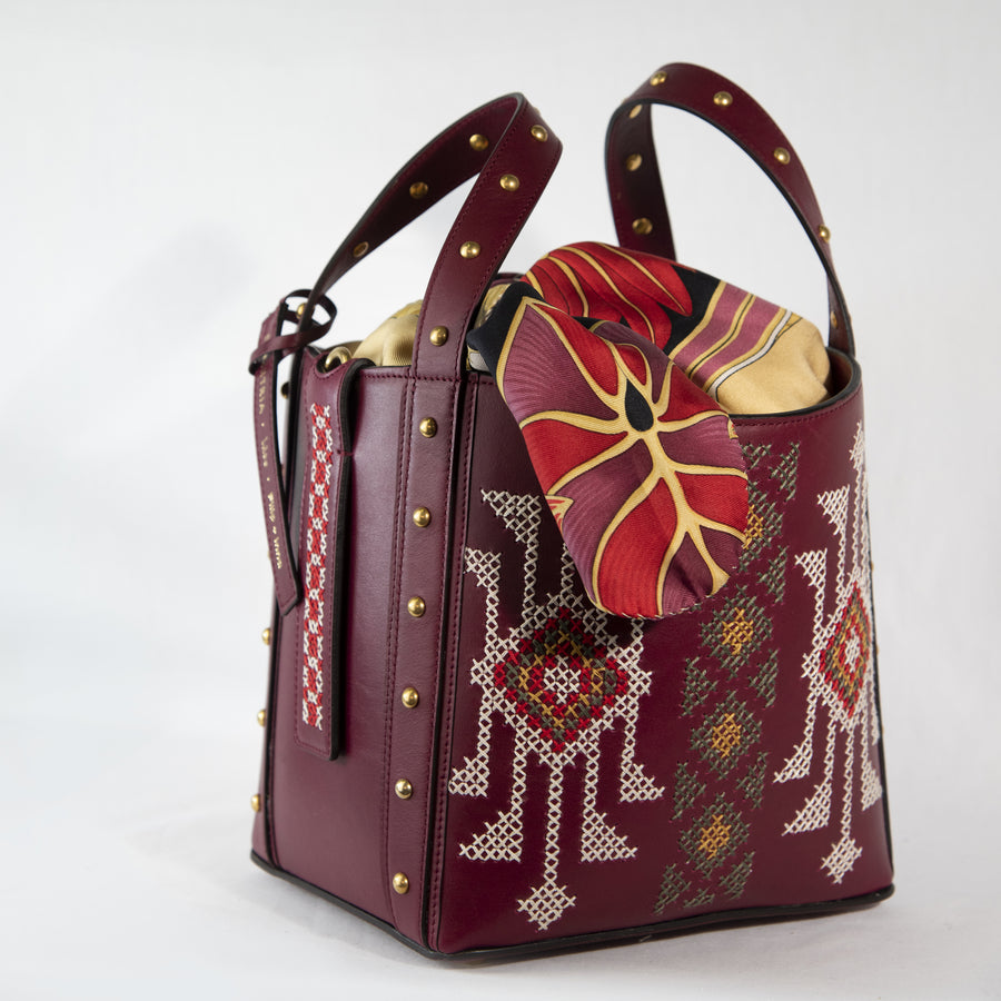 Demetria bordeaux bucket bag embroideries weaving from philippines 