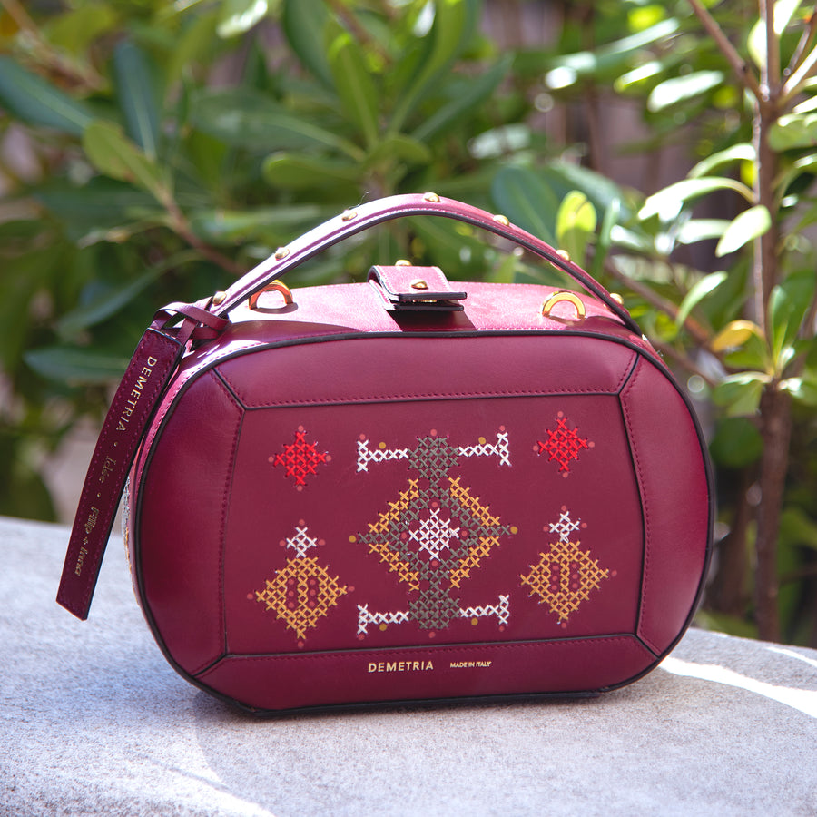 Demetria bordeaux demi bag embroideries weaving from philippines  italian leather