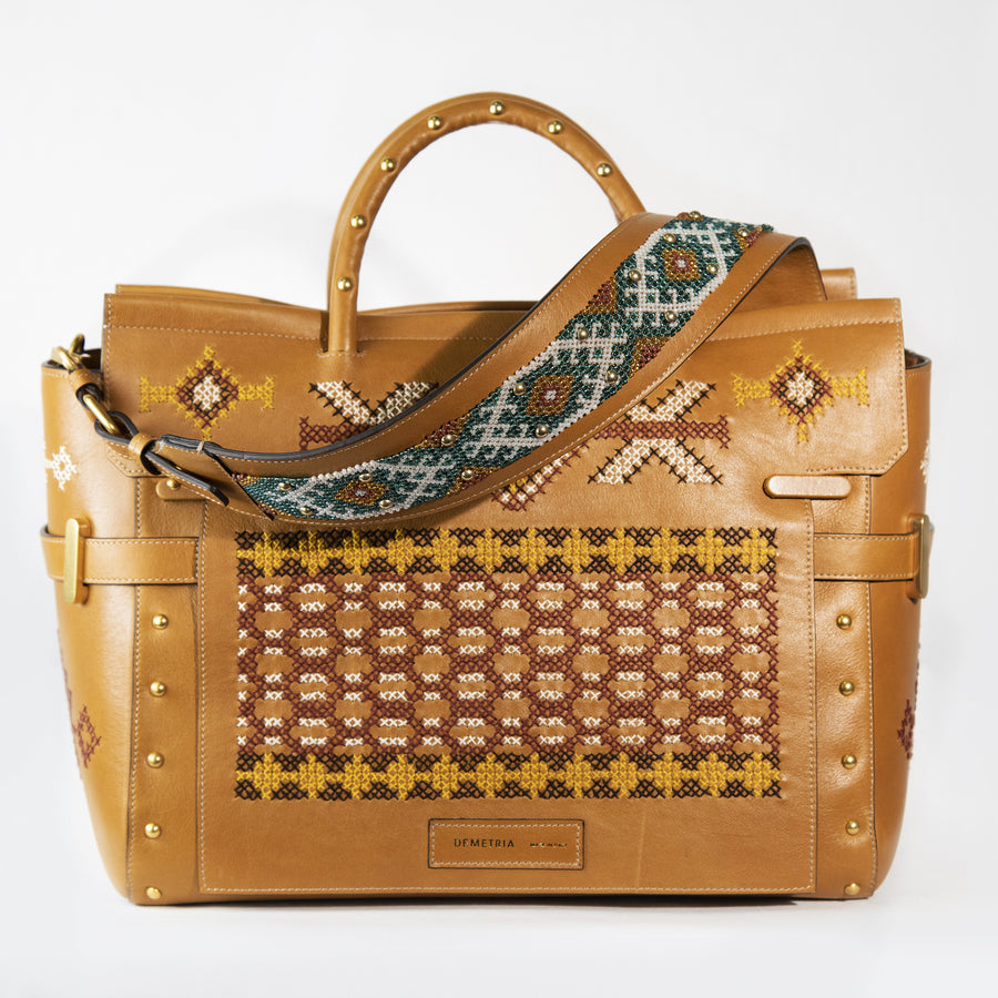 Demetria caramel sempre bag embroidered calfskin handbag from philippines bead strap