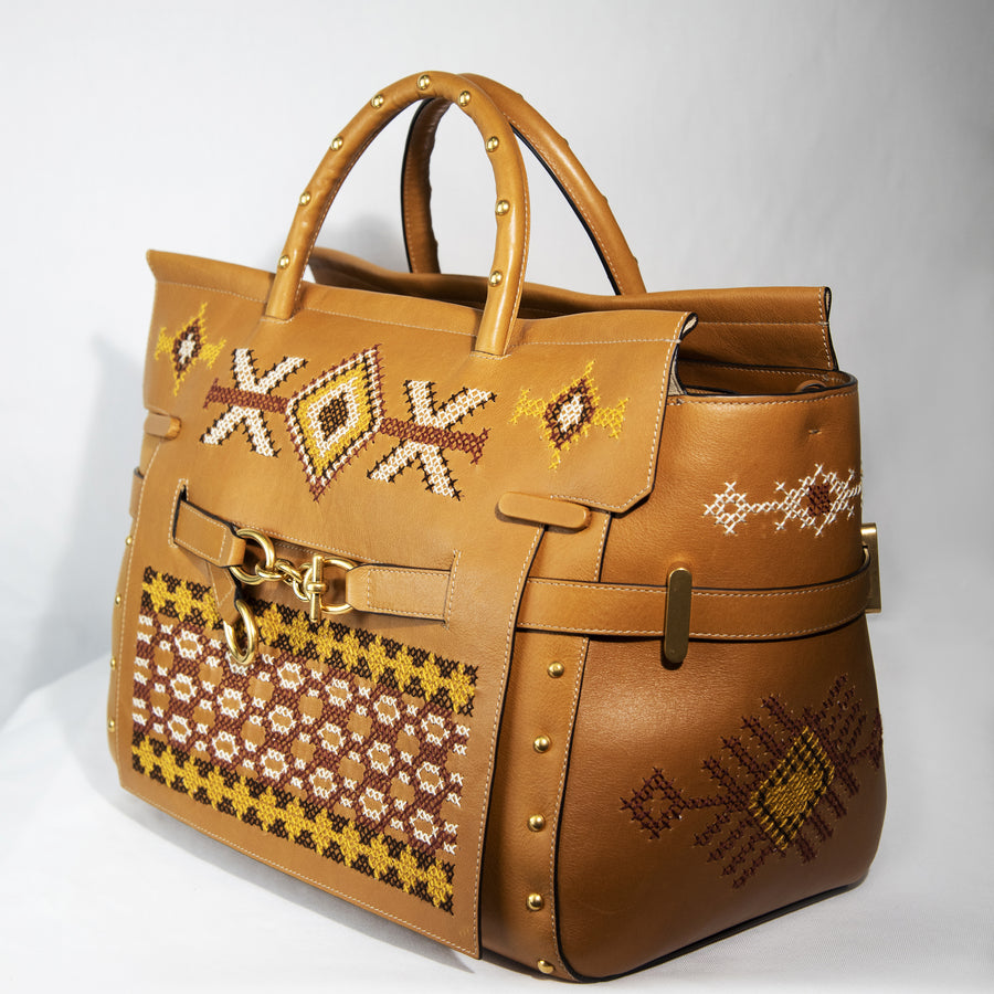 Demetria caramel sempre bag embroidered calfskin handbag from philippines 