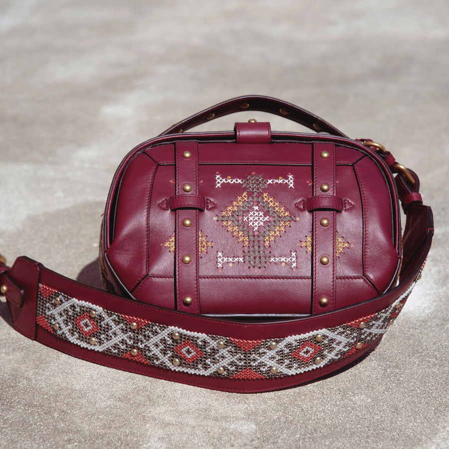 Demetria bordeaux demi bag embroideries weaving from philippines  beadwork strap italian leather 