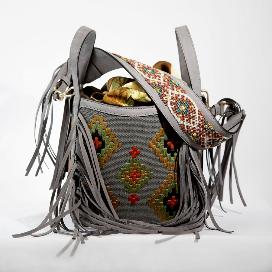 Demetria grey bucket bag embroideries weaving from philippines  beadwork strap