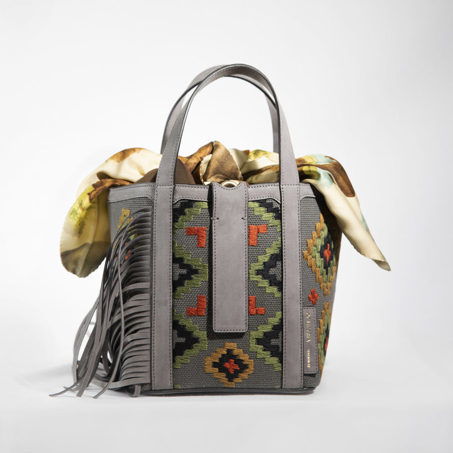 Demetria grey bucket bag embroideries weaving from philippines  vintae silk scarf