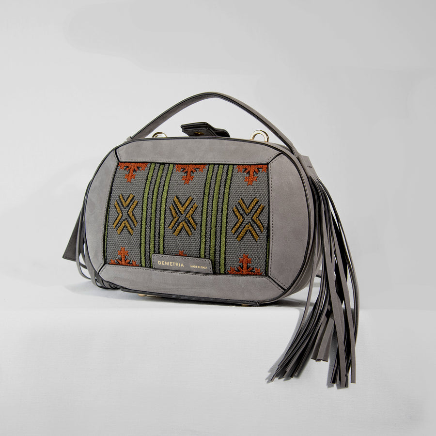 Demetria grey demi bag embroideries weaving from philippines  made in italy