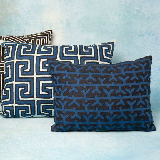 Mola Sasa kuna cushion traditional colombian art craft homeware design blue kuna textile