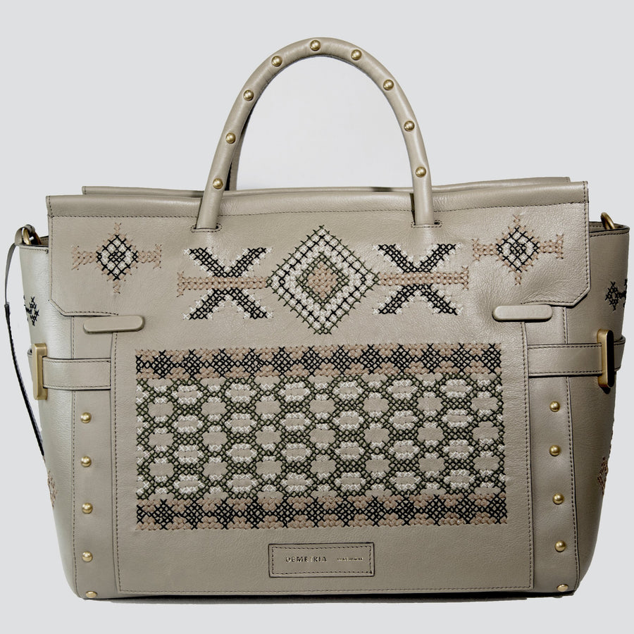 Demetria taupe sempre bag embroidered calfskin handbag from philippines 