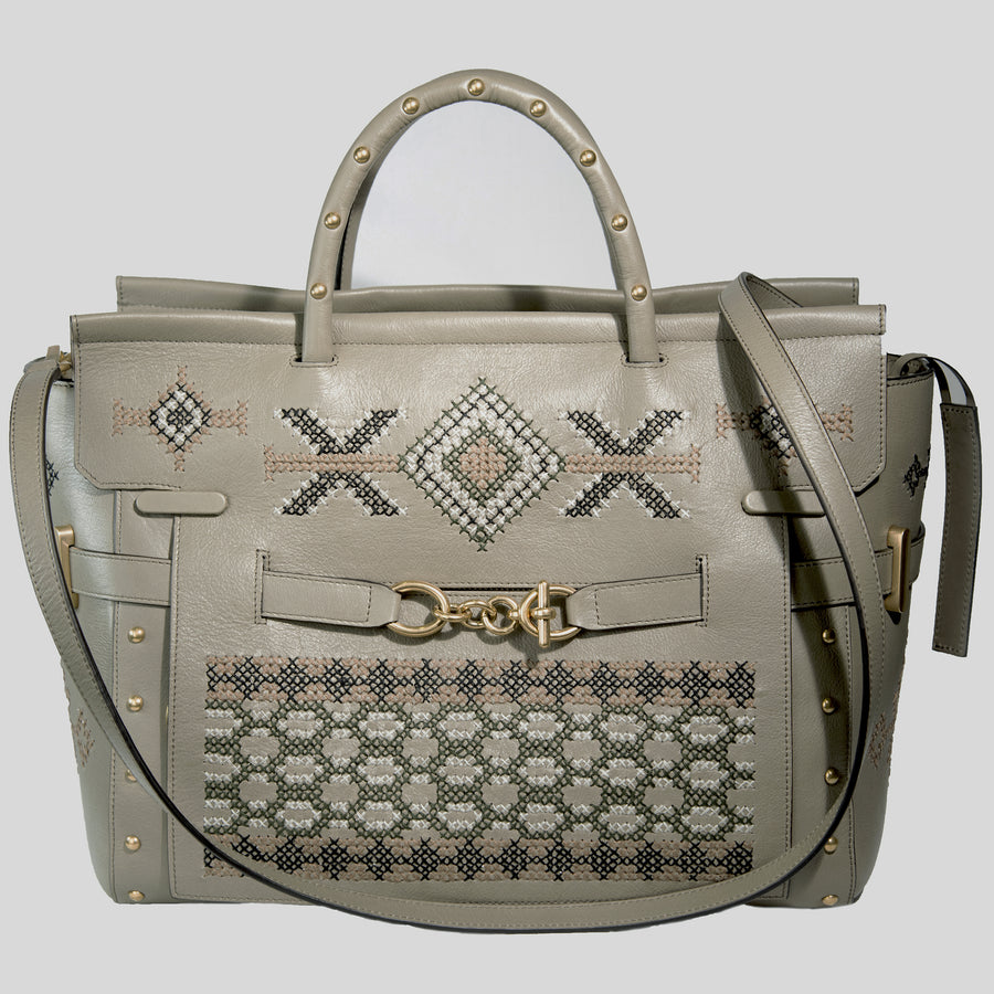 Demetria taupe sempre bag embroidered calfskin handbag from philippines 