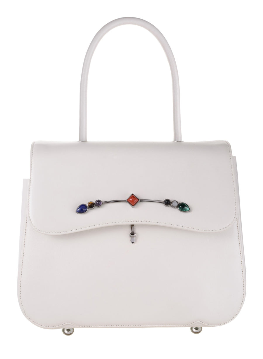Stefania Pramma bag designer white handbag italian leather semi precious stones 